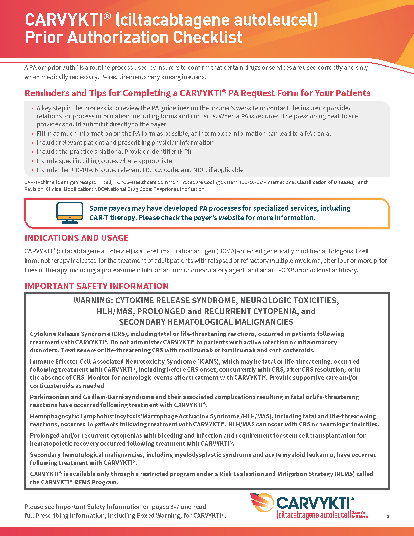 CARVYKTI® (ciltacabtagene autoleucel) prior authorization checklist brochure